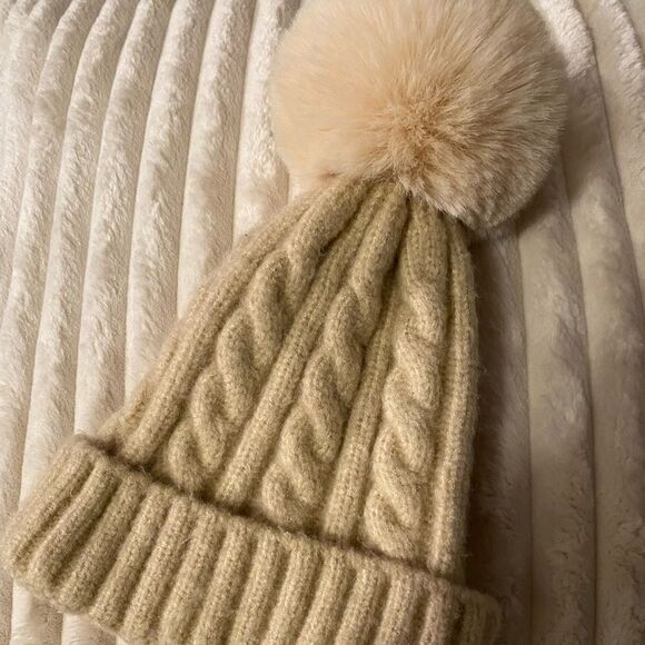 Accessories - Cream Beanie with Giant puff